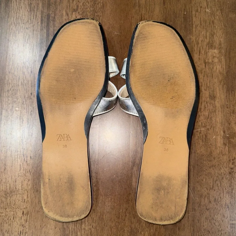 Zara Metallic Silver Strappy Slide Summer Sandals Buckle Open Toe EU38 US7 - Picture 7 of 8